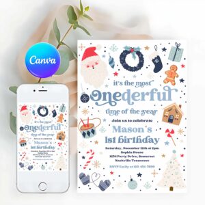 ONEderful Invitation, It's The Most ONEderful Time Of The Year Birthday Invitation Christmas Red And Blue Boy 1st Birthday Party
