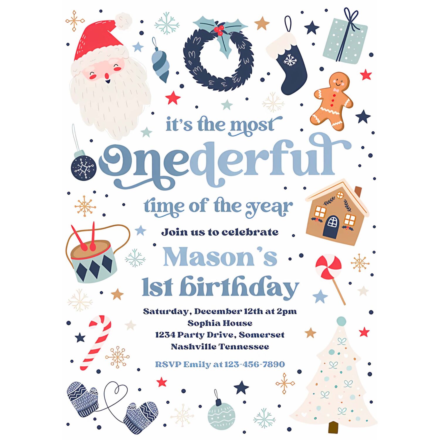 Editable its the most onederful time of the year birthday invitation christmas red and blue boy 1st birthday party instant download hhu 4