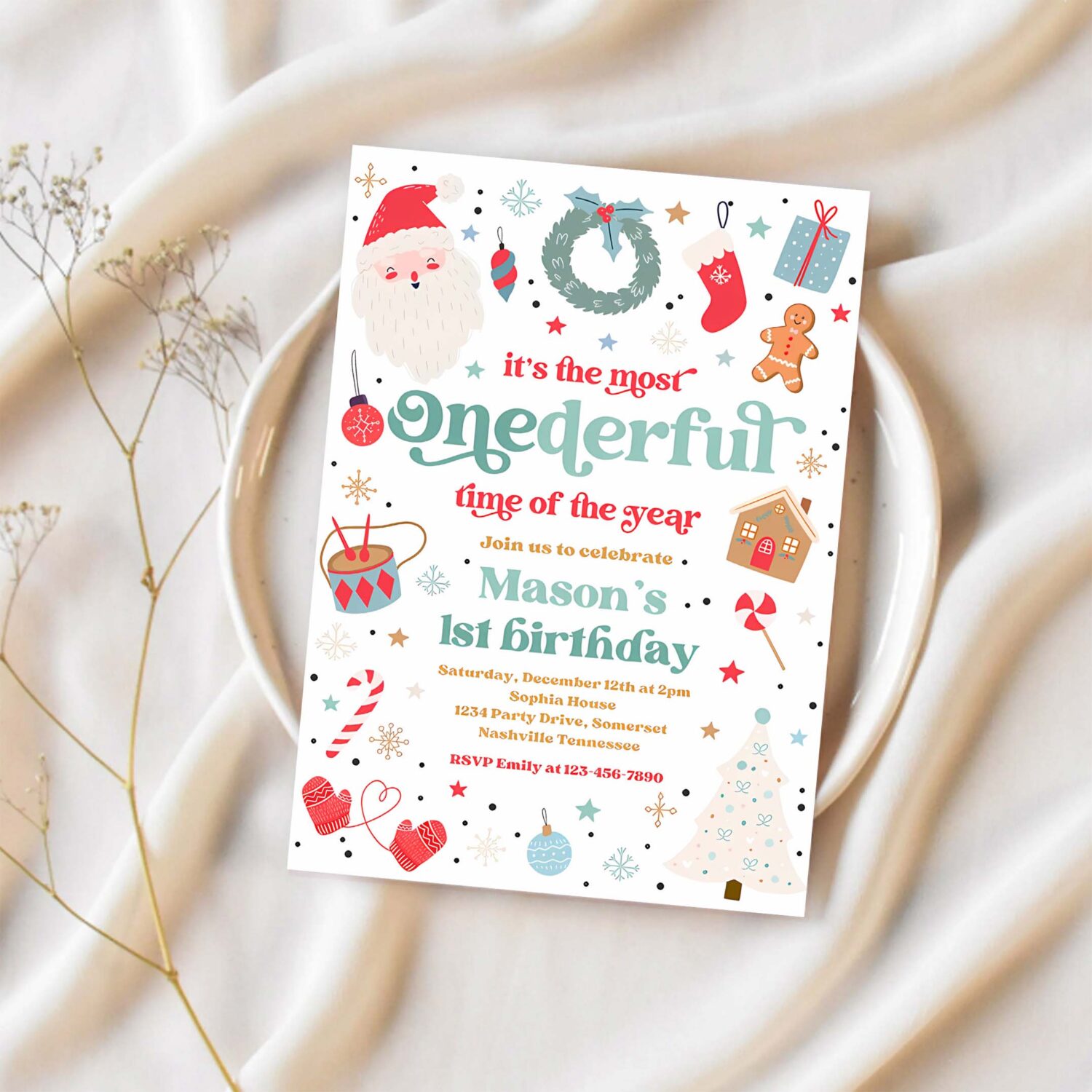 Editable its the most onederful time of the year birthday invitation christmas red and blue boy 1st birthday party instant download hyt 1