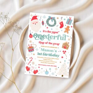 Editable its the most onederful time of the year birthday invitation christmas red and blue boy 1st birthday party instant download hyt 1