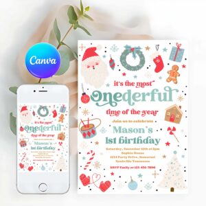 ONEderful Invitation, It's The Most ONEderful Time Of The Year Birthday Invitation Christmas Red And Blue Boy 1st Birthday Party