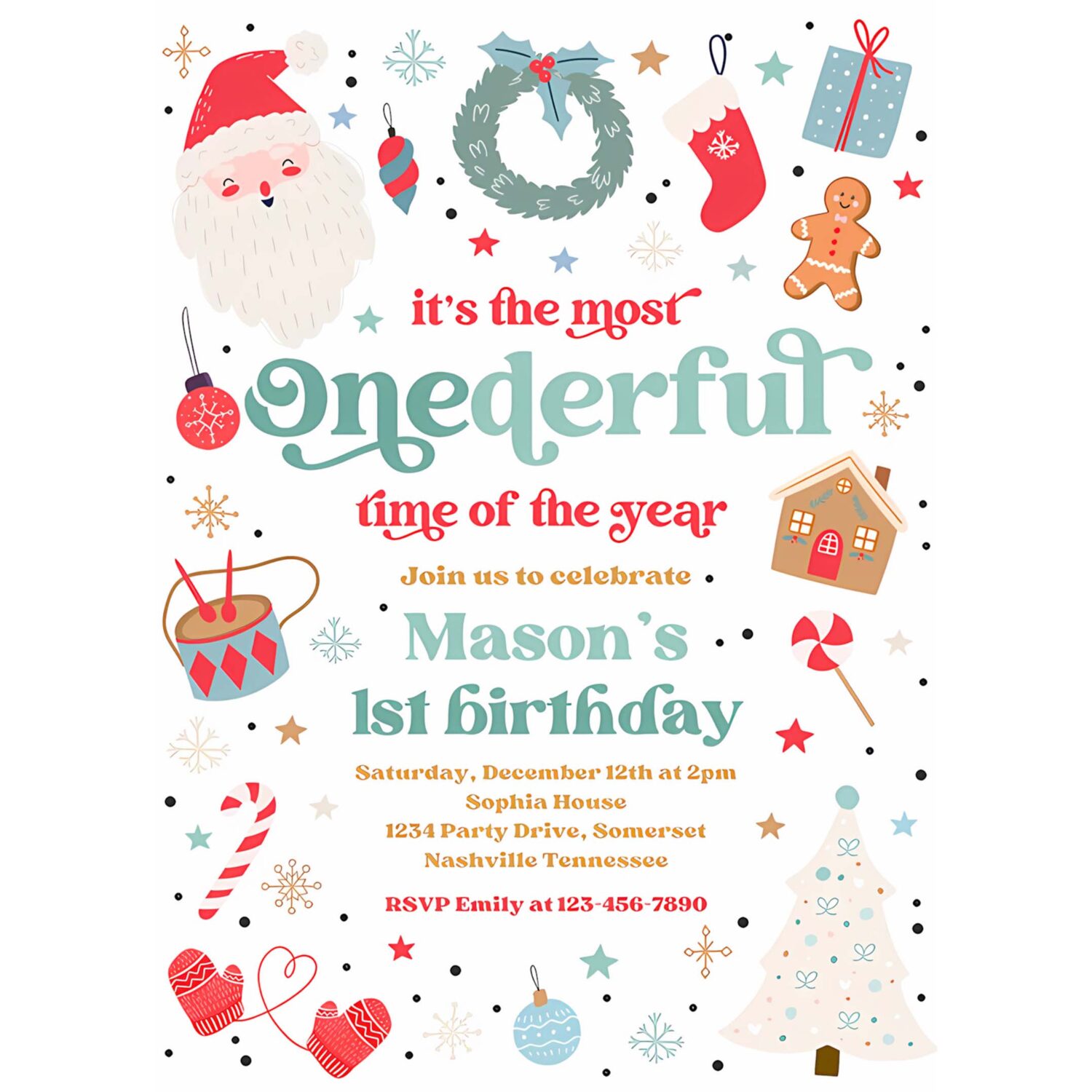 Editable its the most onederful time of the year birthday invitation christmas red and blue boy 1st birthday party instant download hyt 4