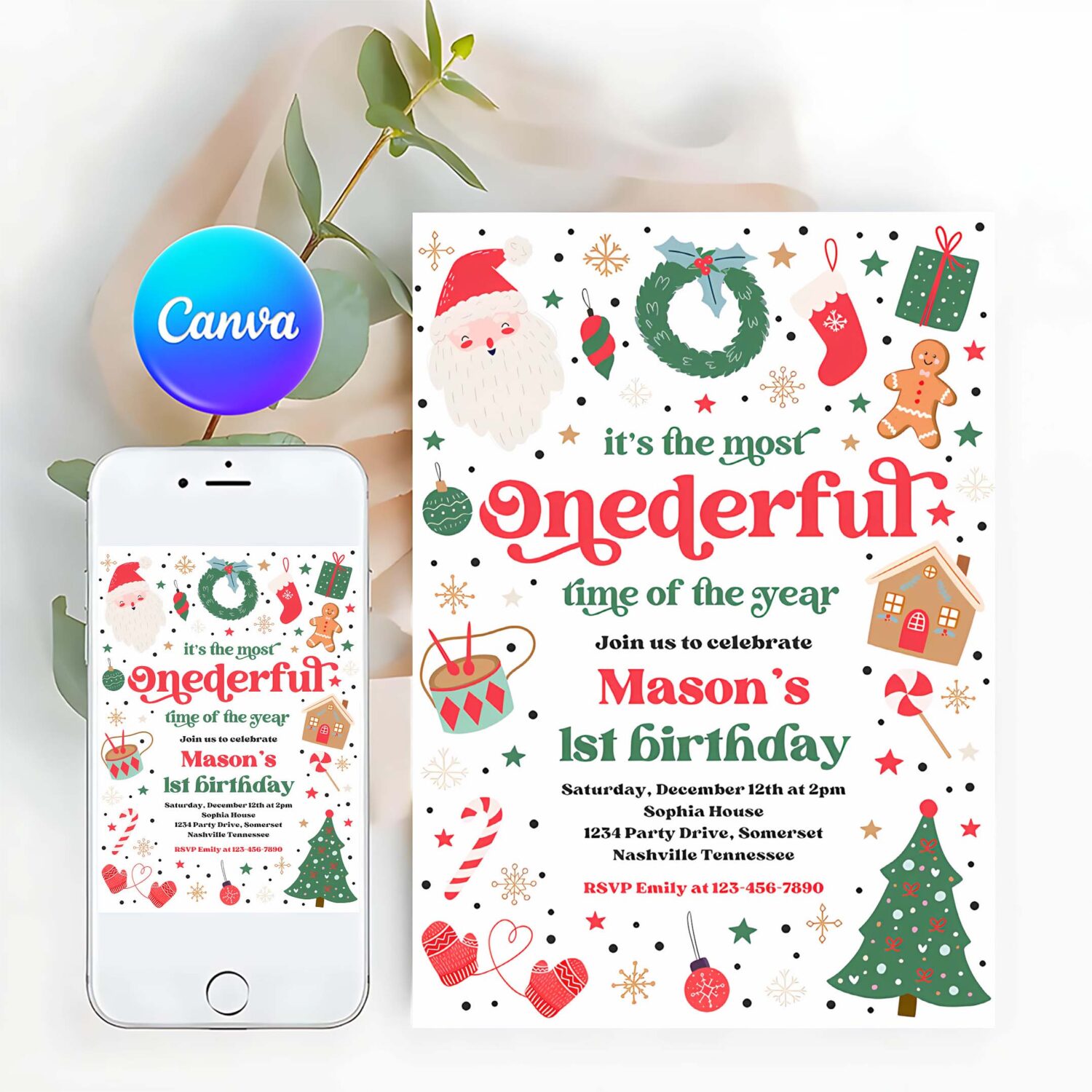 Editable its the most onederful time of the year birthday invitation christmas red and green boy 1st birthday party instant download 44t