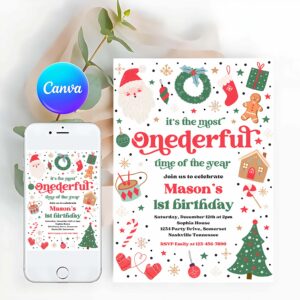 ONEderful Invitation, It's The Most ONEderful Time Of The Year Birthday Invitation Christmas Red And Green Boy 1st Birthday Party