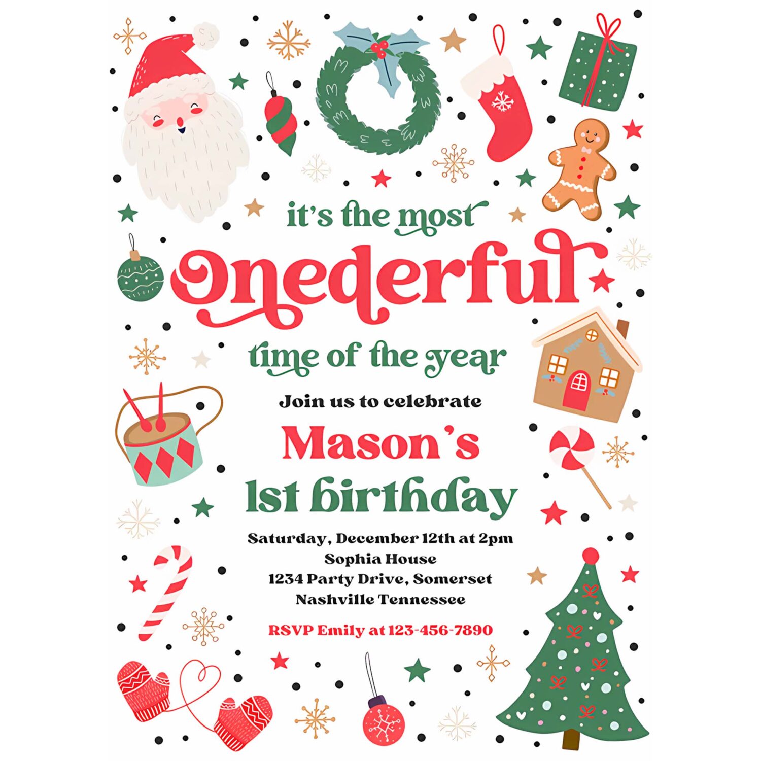 Editable its the most onederful time of the year birthday invitation christmas red and green boy 1st birthday party instant download 44t 4