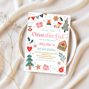 Editable its the most onederful time of the year birthday invitation christmas red and pink girl 1st birthday party hhd 1