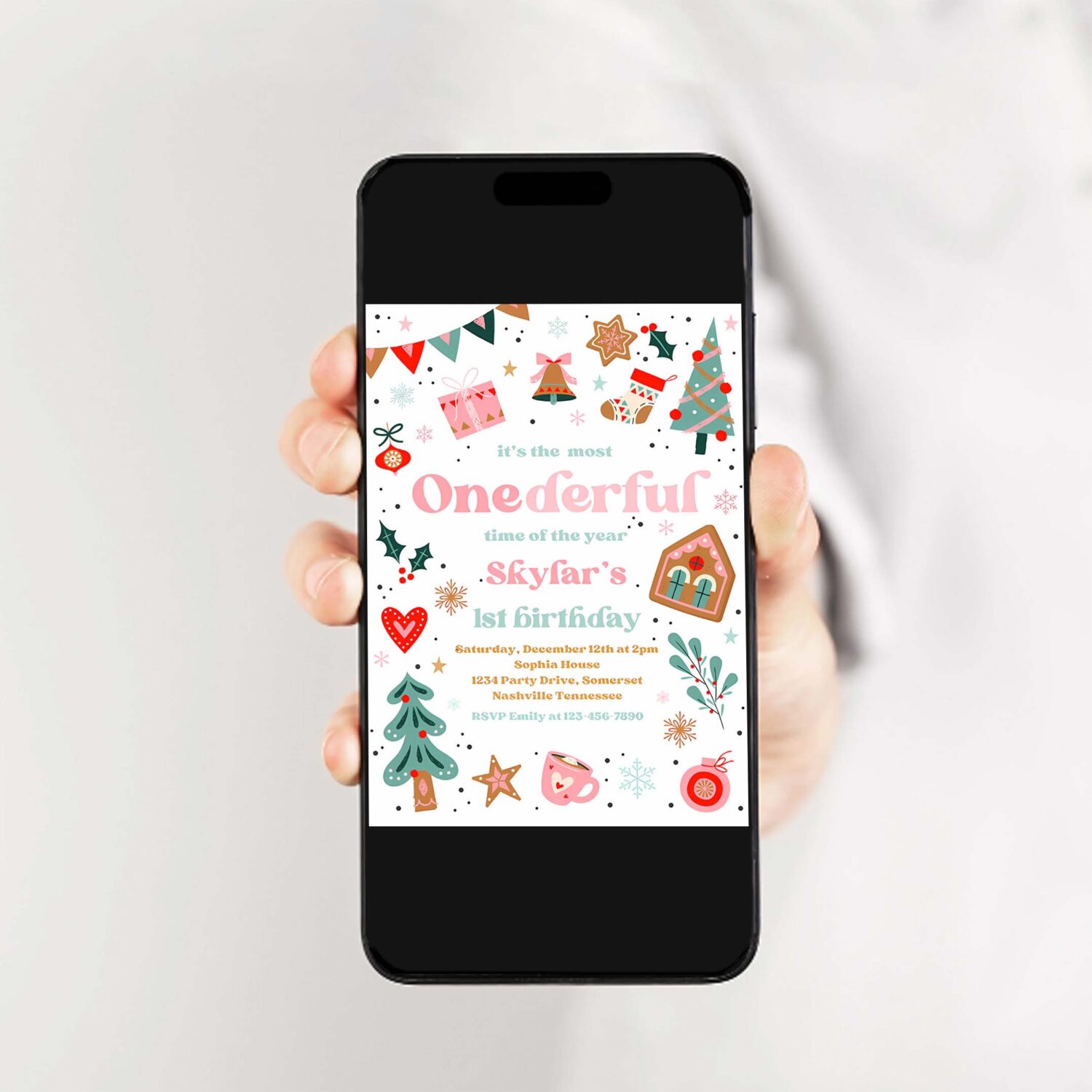 Editable its the most onederful time of the year birthday invitation christmas red and pink girl 1st birthday party hhd 2