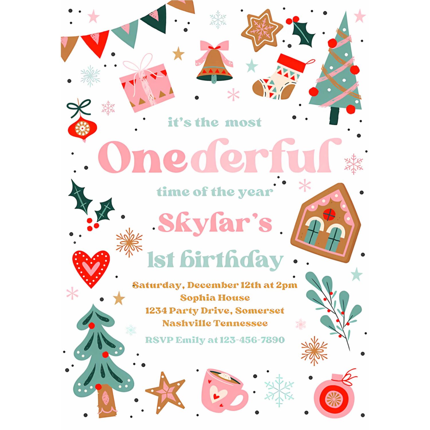 Editable its the most onederful time of the year birthday invitation christmas red and pink girl 1st birthday party hhd 4