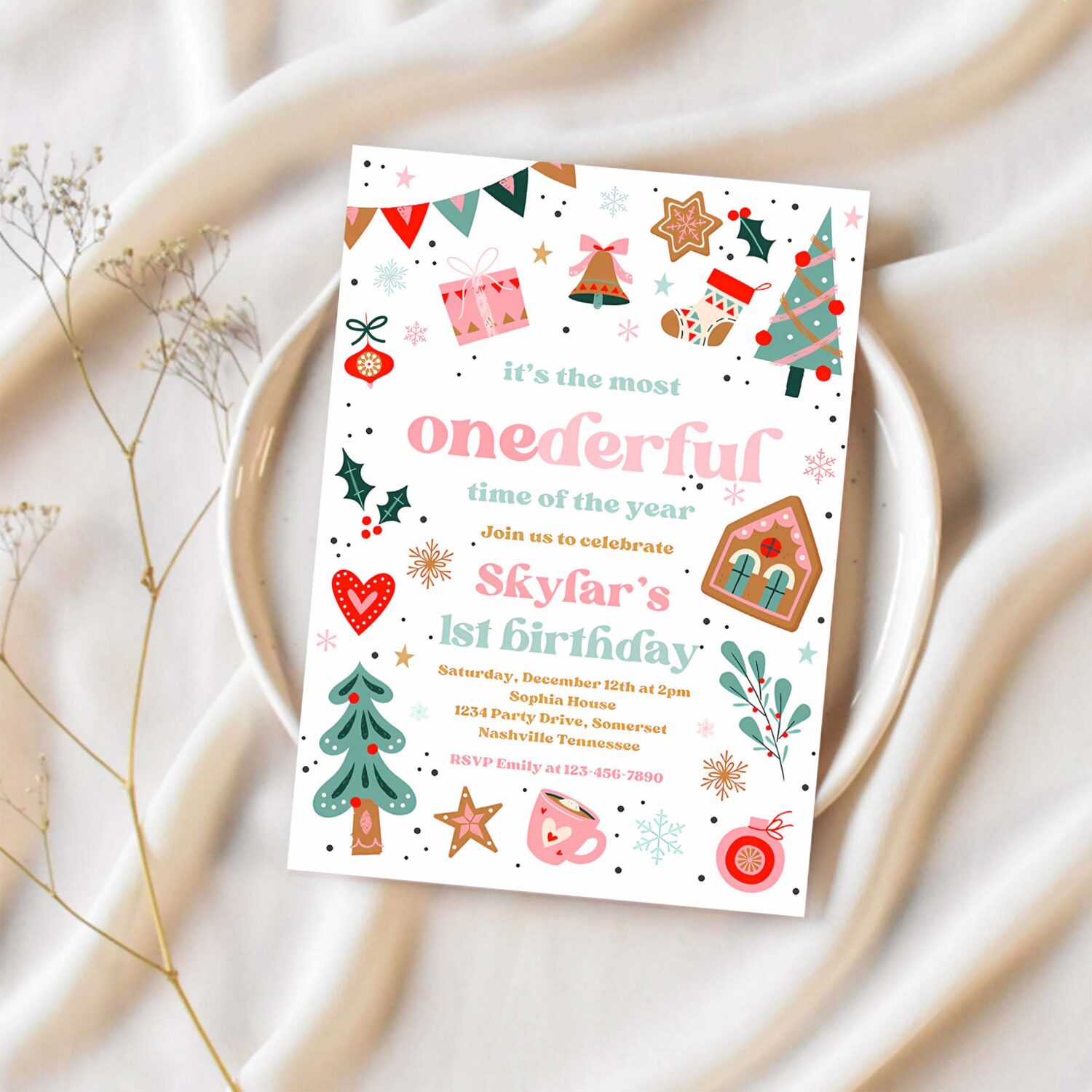 Editable its the most onederful time of the year birthday invitation christmas red and pink girl 1st birthday party instant download hhd 1