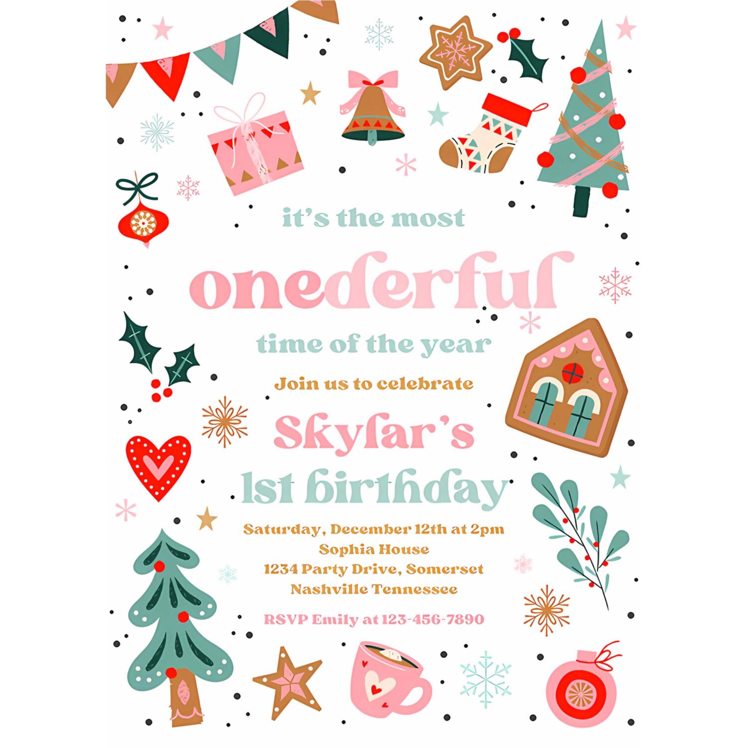 Editable its the most onederful time of the year birthday invitation christmas red and pink girl 1st birthday party instant download hhd 4