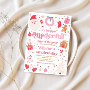 Editable its the most onederful time of the year birthday invitation christmas red and pink girl 1st birthday party instant download hht 1