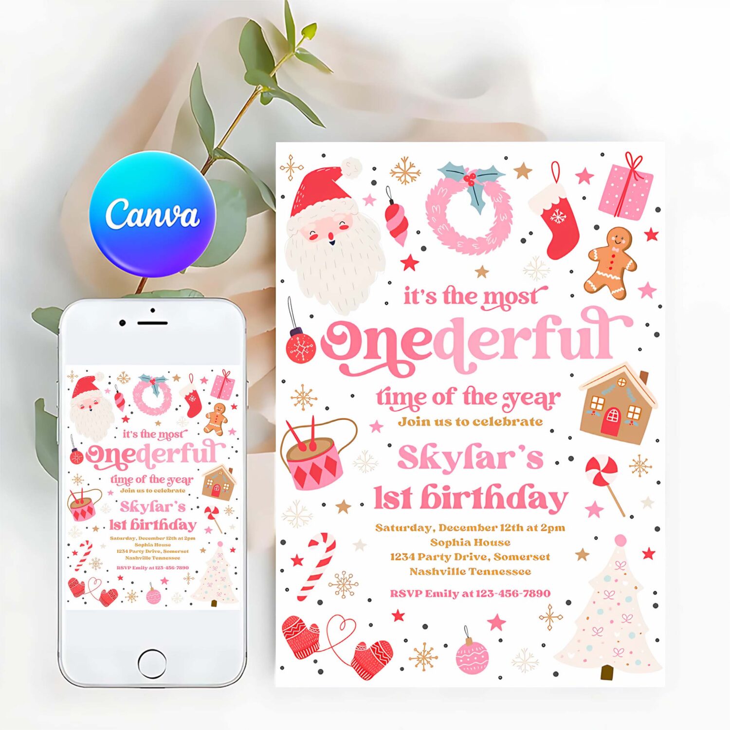 Editable its the most onederful time of the year birthday invitation christmas red and pink girl 1st birthday party instant download hht