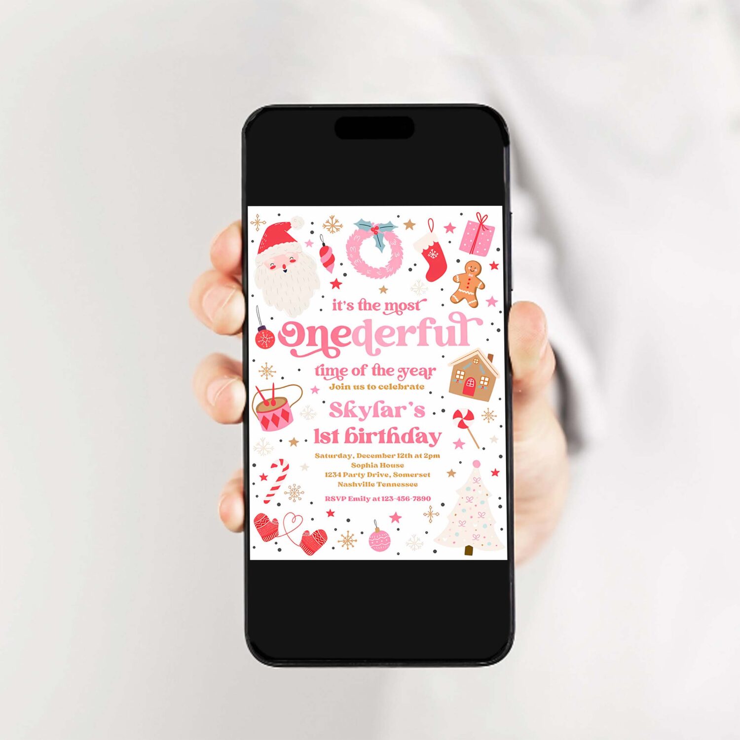 Editable its the most onederful time of the year birthday invitation christmas red and pink girl 1st birthday party instant download hht 2