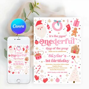 ONEderful Invitation, It's The Most ONEderful Time Of The Year Birthday Invitation Christmas Red And Pink Girl 1st Birthday Party