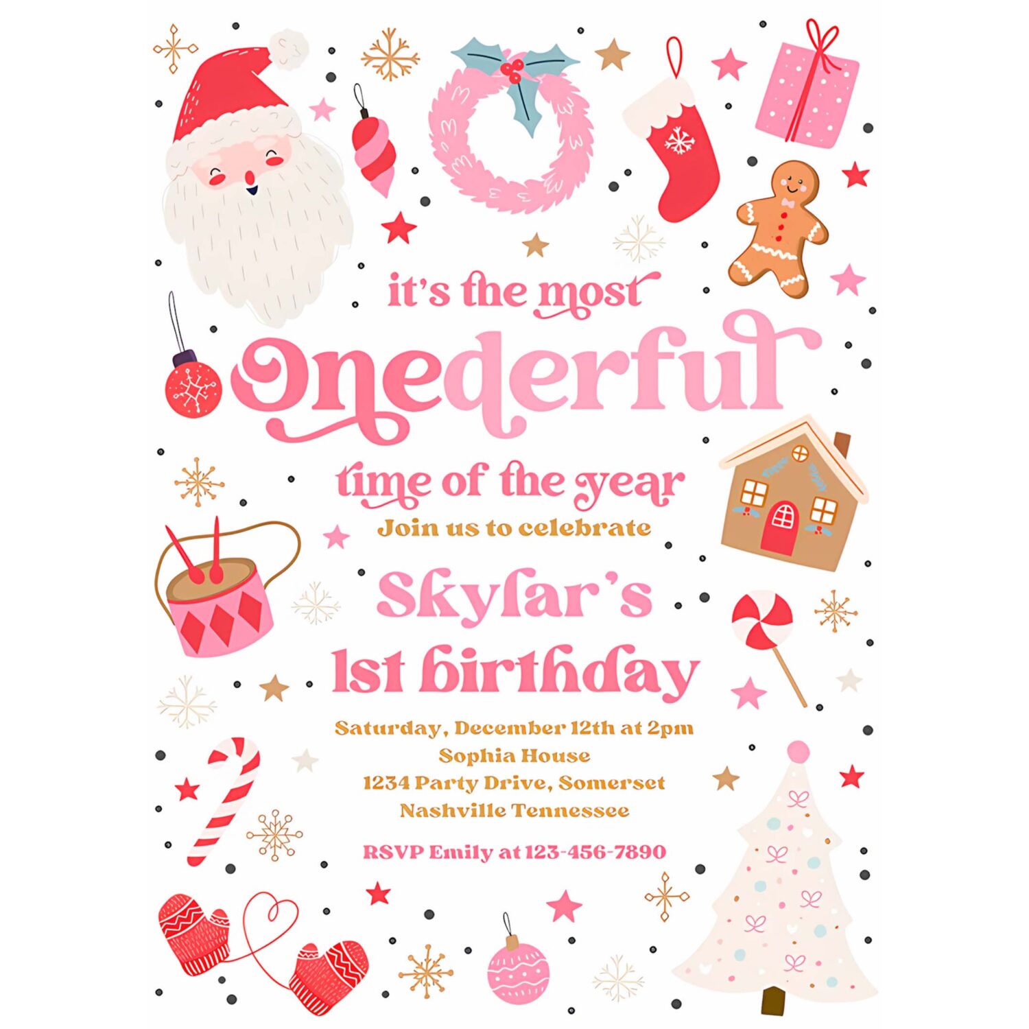 Editable its the most onederful time of the year birthday invitation christmas red and pink girl 1st birthday party instant download hht 4