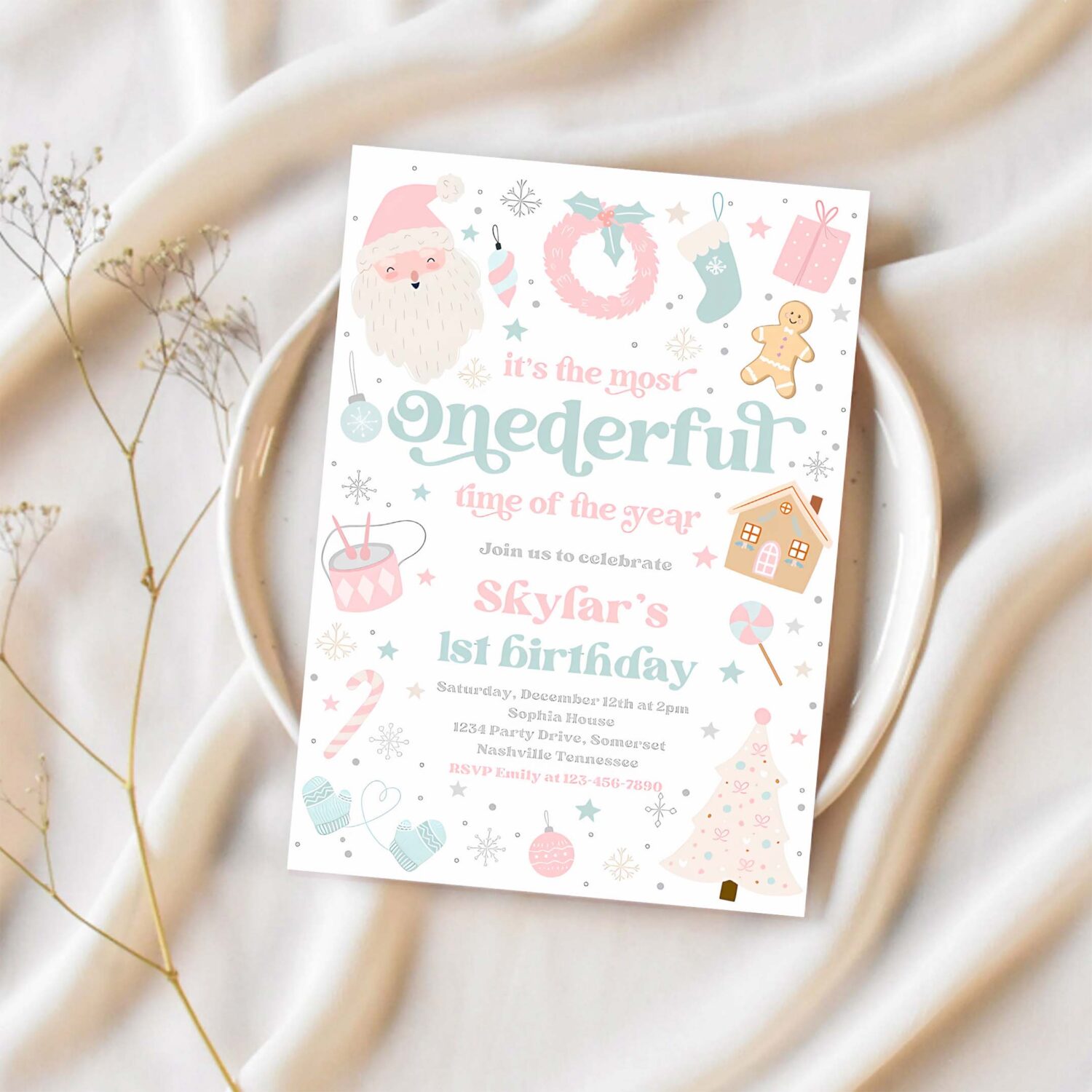 Editable its the most onederful time of the year birthday invitation pink and blue winter onderland 1st birthday party instant download 55t 1