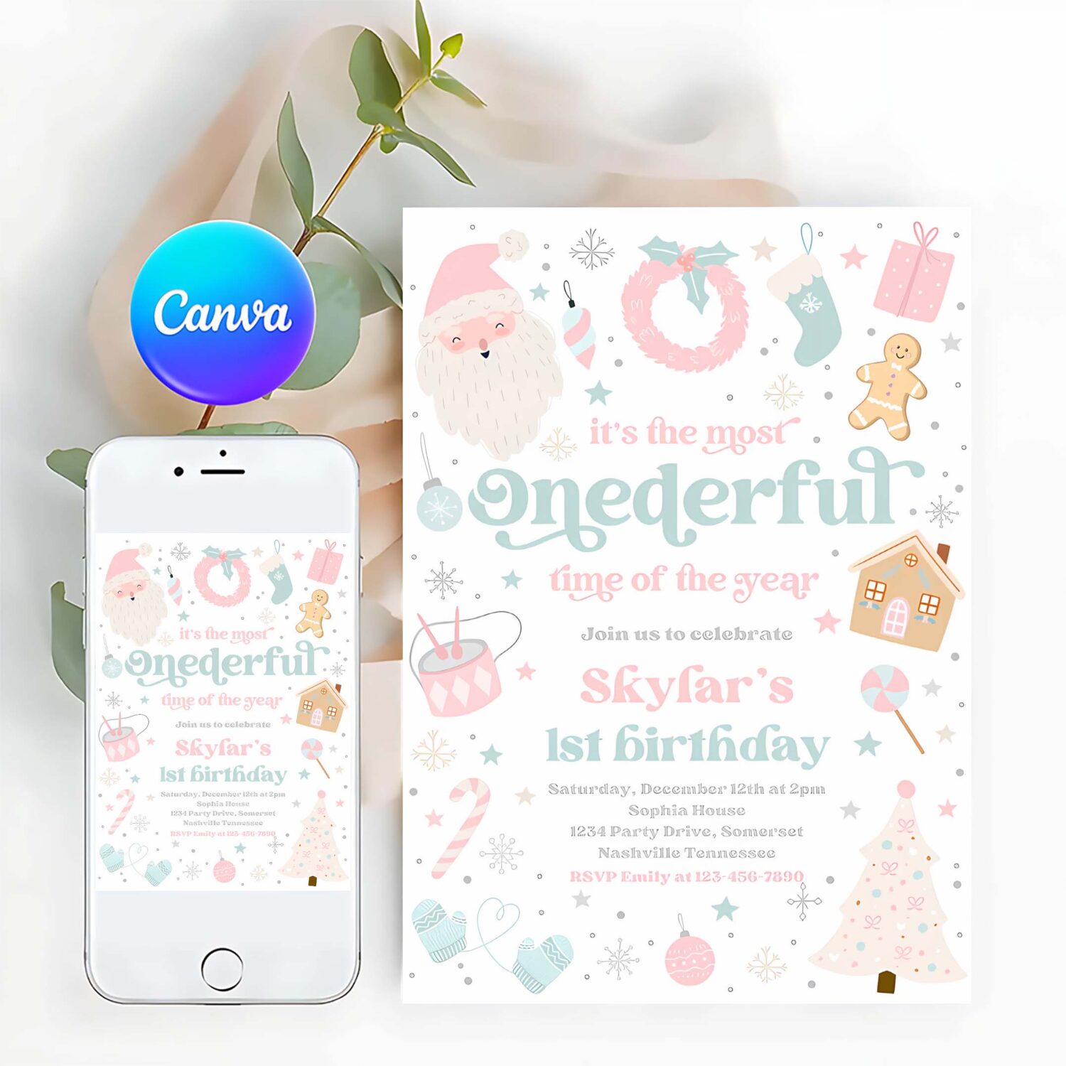Editable its the most onederful time of the year birthday invitation pink and blue winter onderland 1st birthday party instant download 55t