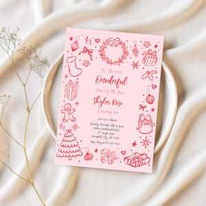 Editable its the most onederful time of the year birthday party invitation pink and red coquette bow christmas party instant download jj8 1