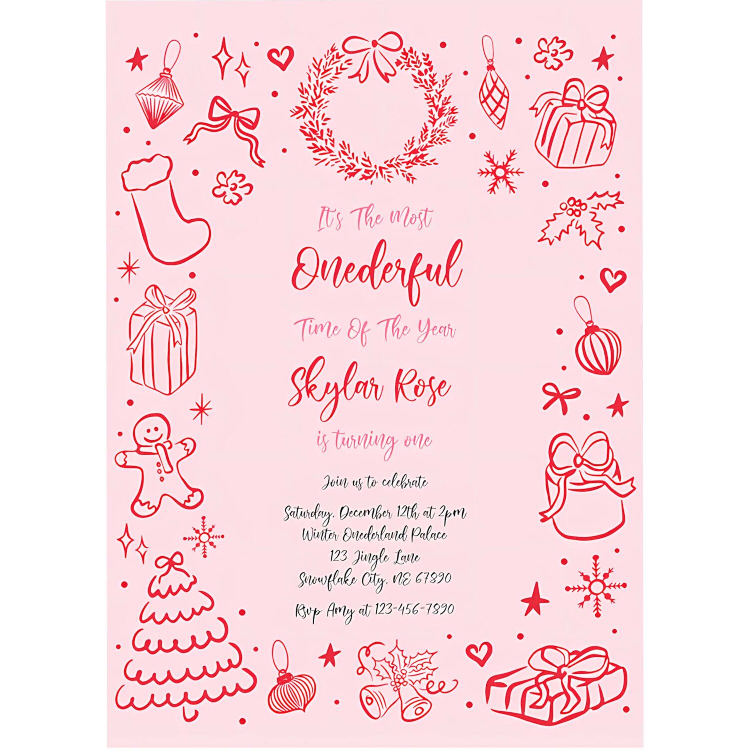 Editable its the most onederful time of the year birthday party invitation pink and red coquette bow christmas party instant download jj8 4