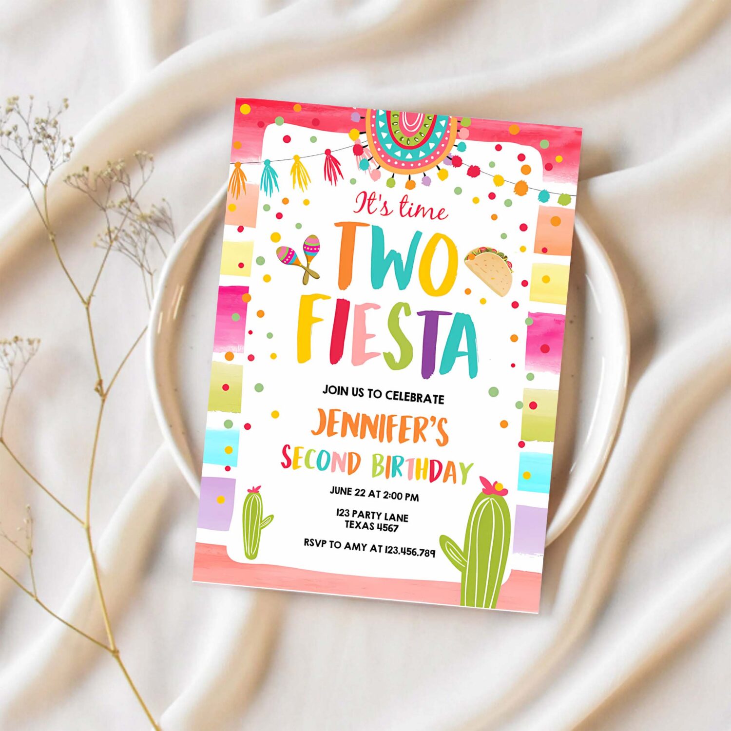 Editable its time two fiesta birthday invitation second birthday 2nd cactus mexican boy girl cactus download corjl template printable 0134 1
