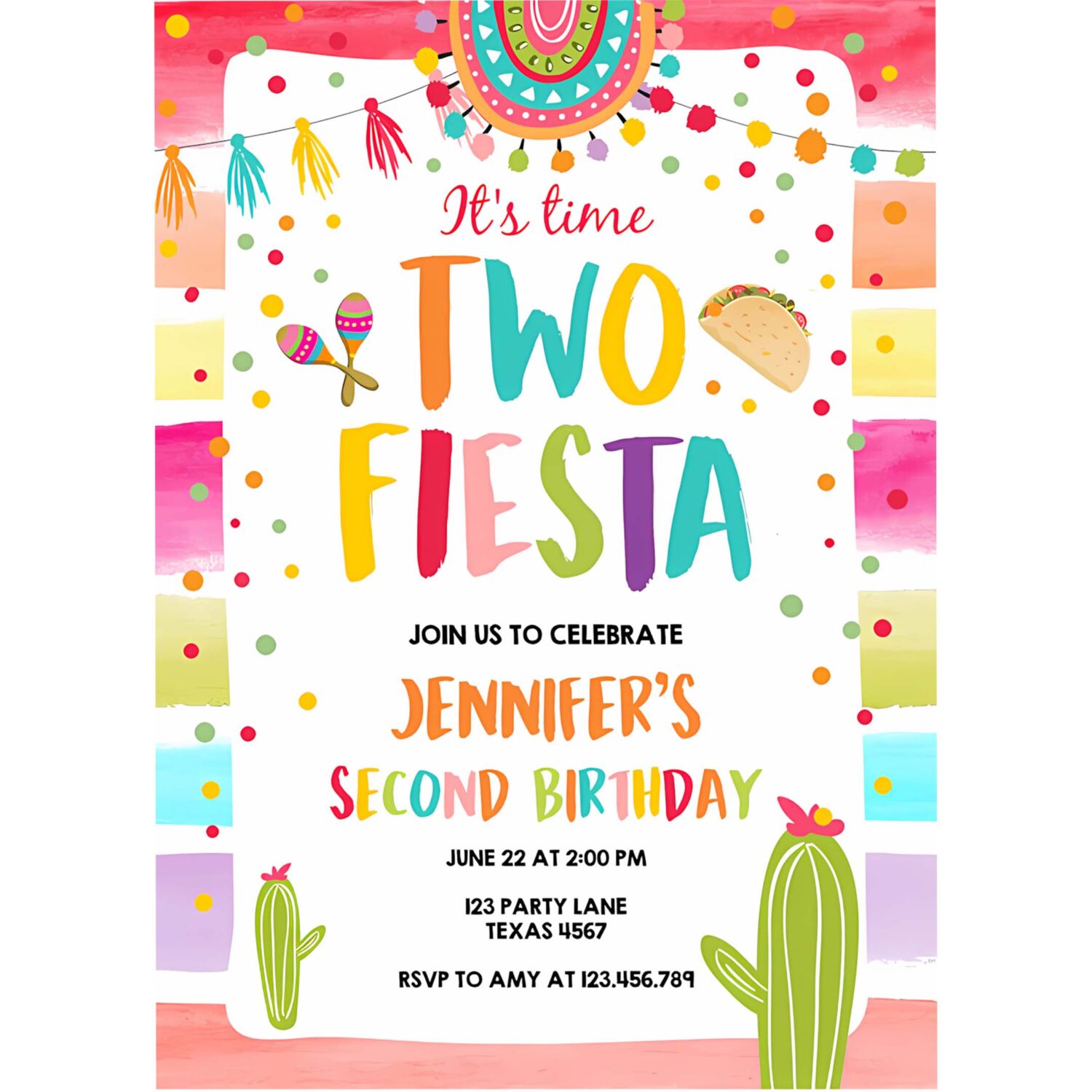 Editable its time two fiesta birthday invitation second birthday 2nd cactus mexican boy girl cactus download corjl template printable 0134 4