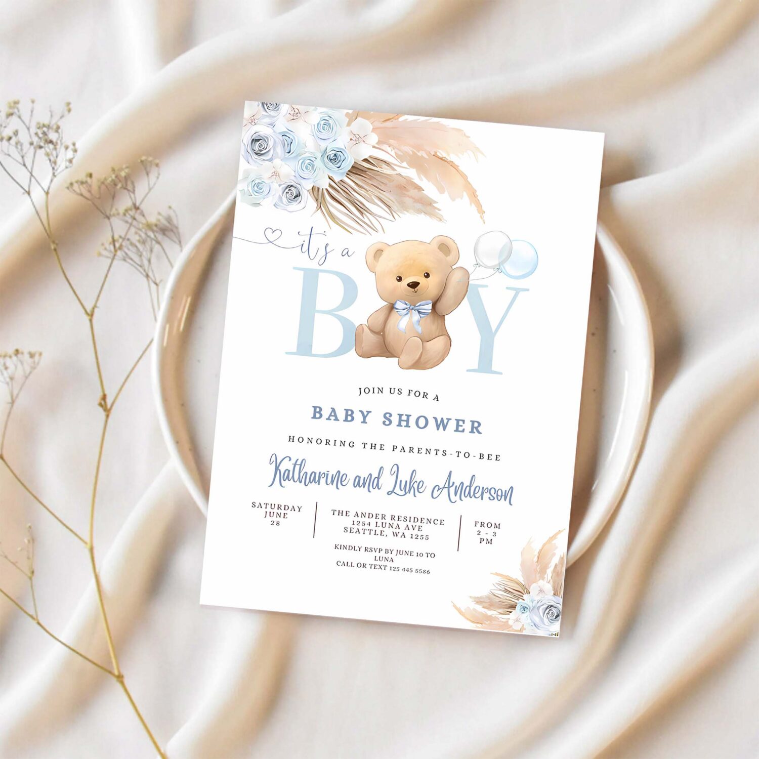 Editable its a boy blue pampas grass we can bearly wait blue boho teddy bear baby shower invitation invites 1