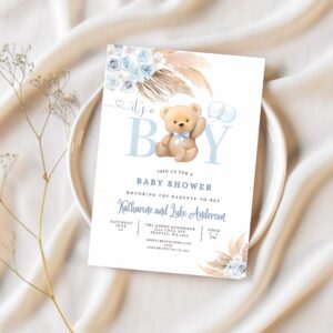 Editable its a boy blue pampas grass we can bearly wait blue boho teddy bear baby shower invitation invites 1