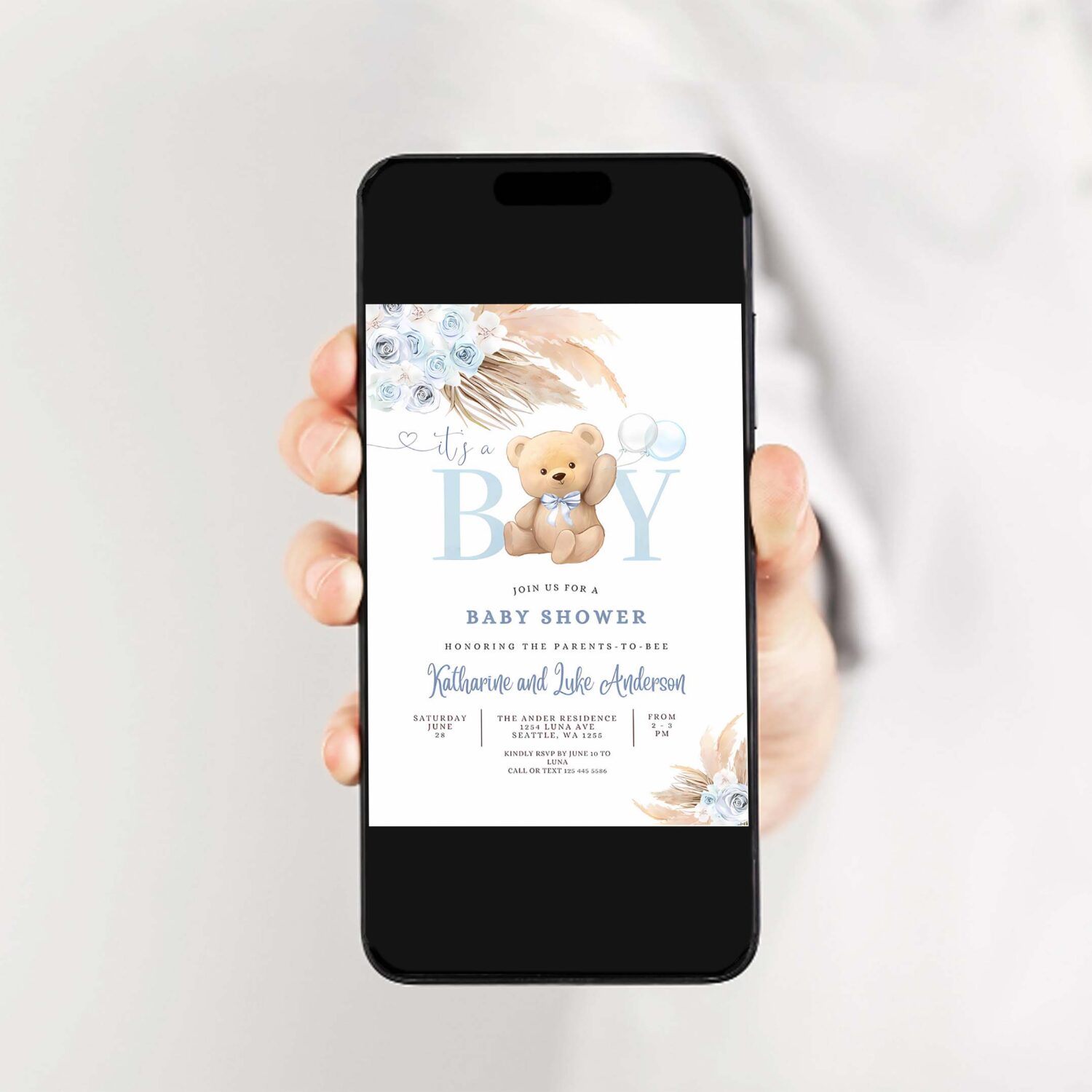 Editable its a boy blue pampas grass we can bearly wait blue boho teddy bear baby shower invitation invites 2