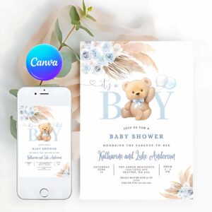 We Can Bearly Wait Invitation, It's a BOY Blue Pampas Grass We Can Bearly Wait Blue Invitation