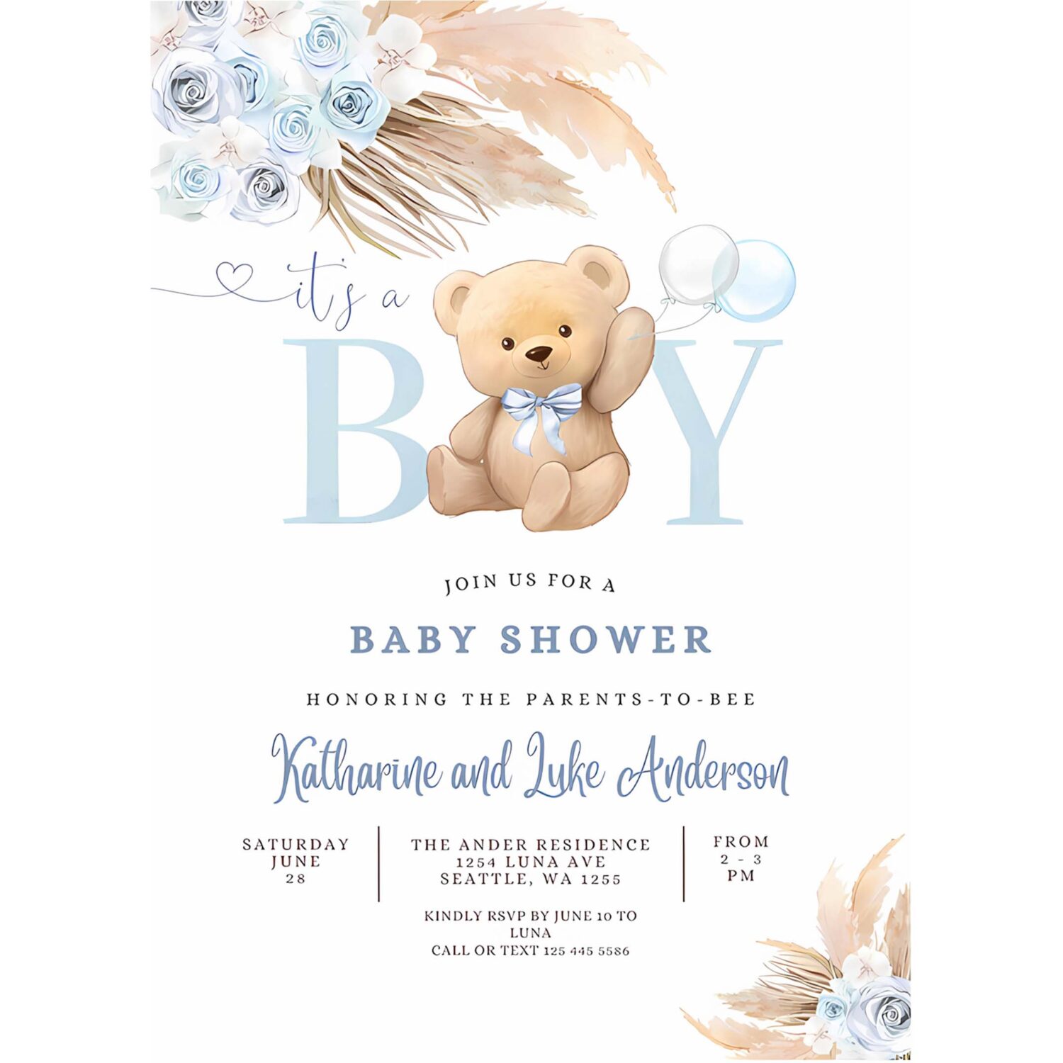 Editable its a boy blue pampas grass we can bearly wait blue boho teddy bear baby shower invitation invites 4