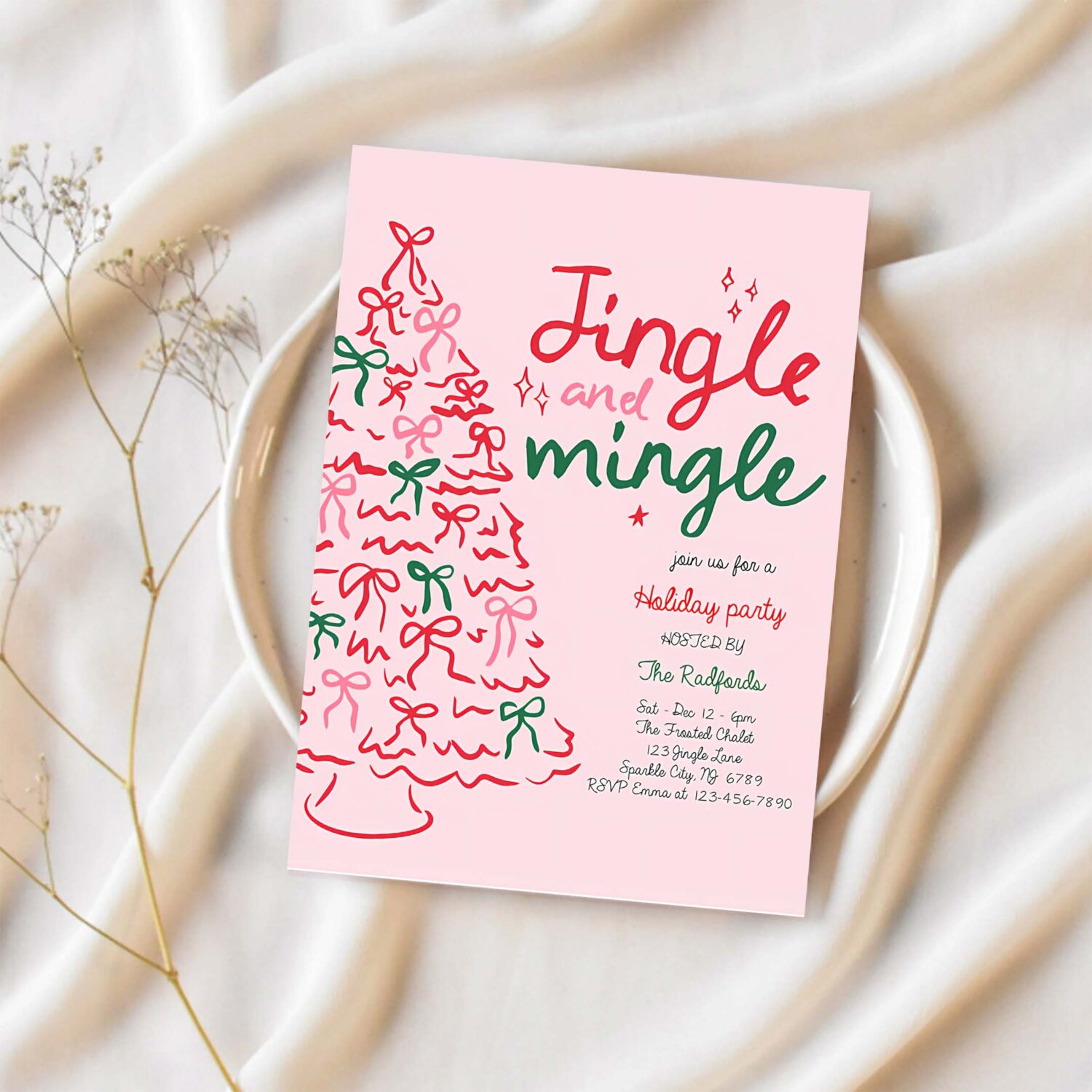 Editable jingle and mingle christmas party invitation pink red christmas tree jingle and mingle holiday cocktail party instant download jj9 1