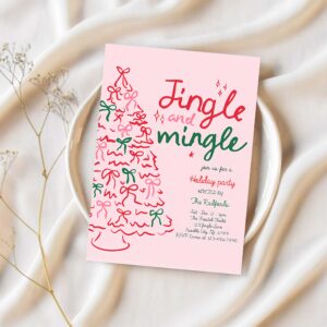 Editable jingle and mingle christmas party invitation pink red christmas tree jingle and mingle holiday cocktail party instant download jj9 1