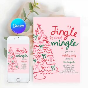 Jingle And Mingle Invitation, Jingle And Mingle Christmas Party Invitation Pink Red Christmas Tree Jingle And Mingle Holiday Cocktail Party