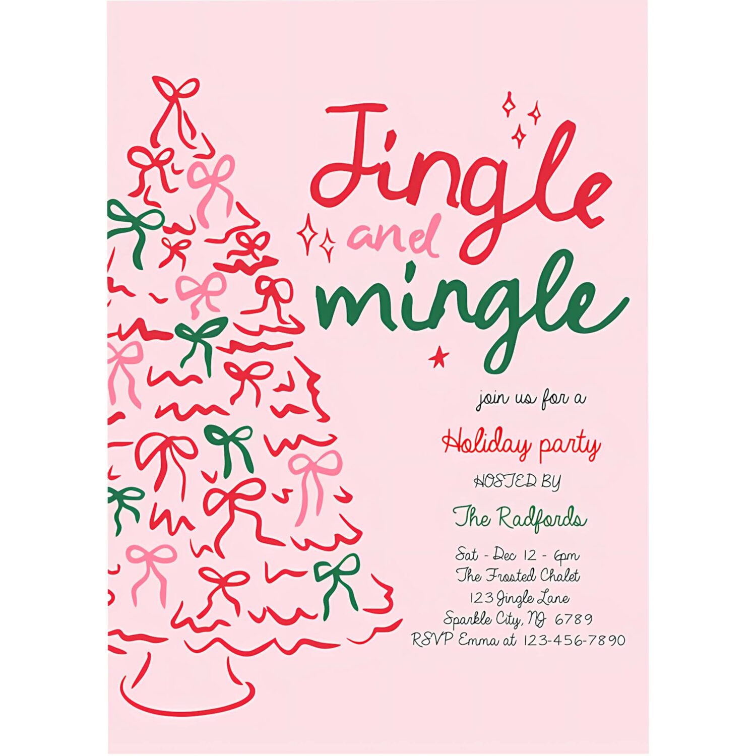 Editable jingle and mingle christmas party invitation pink red christmas tree jingle and mingle holiday cocktail party instant download jj9 4