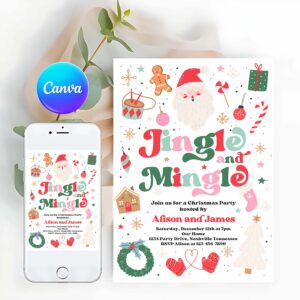 Jingle And Mingle Invitation, Jingle And Mingle Christmas Party Invitations Jingle And Mingle Holiday Party Invitation Santa Christmas Party