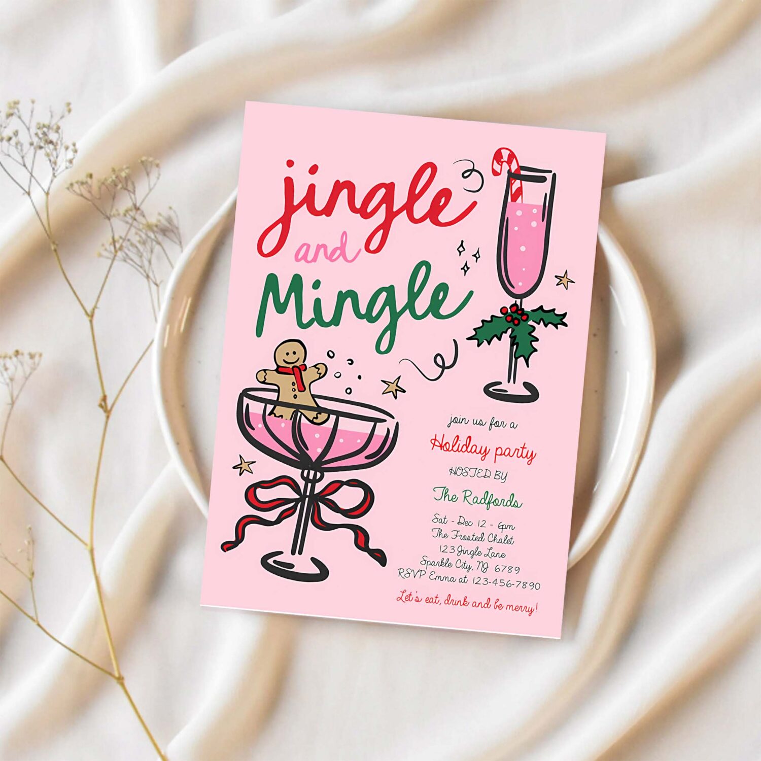 Editable jingle and mingle christmas party invite pink red hand drawn jingle and mingle holiday cocktail party instant download jj9 1