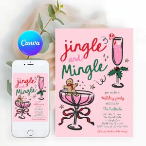 Jingle And Mingle Invitation, Jingle And Mingle Christmas Party Invite Pink Red Hand Drawn Jingle And Mingle Holiday Cocktail Party