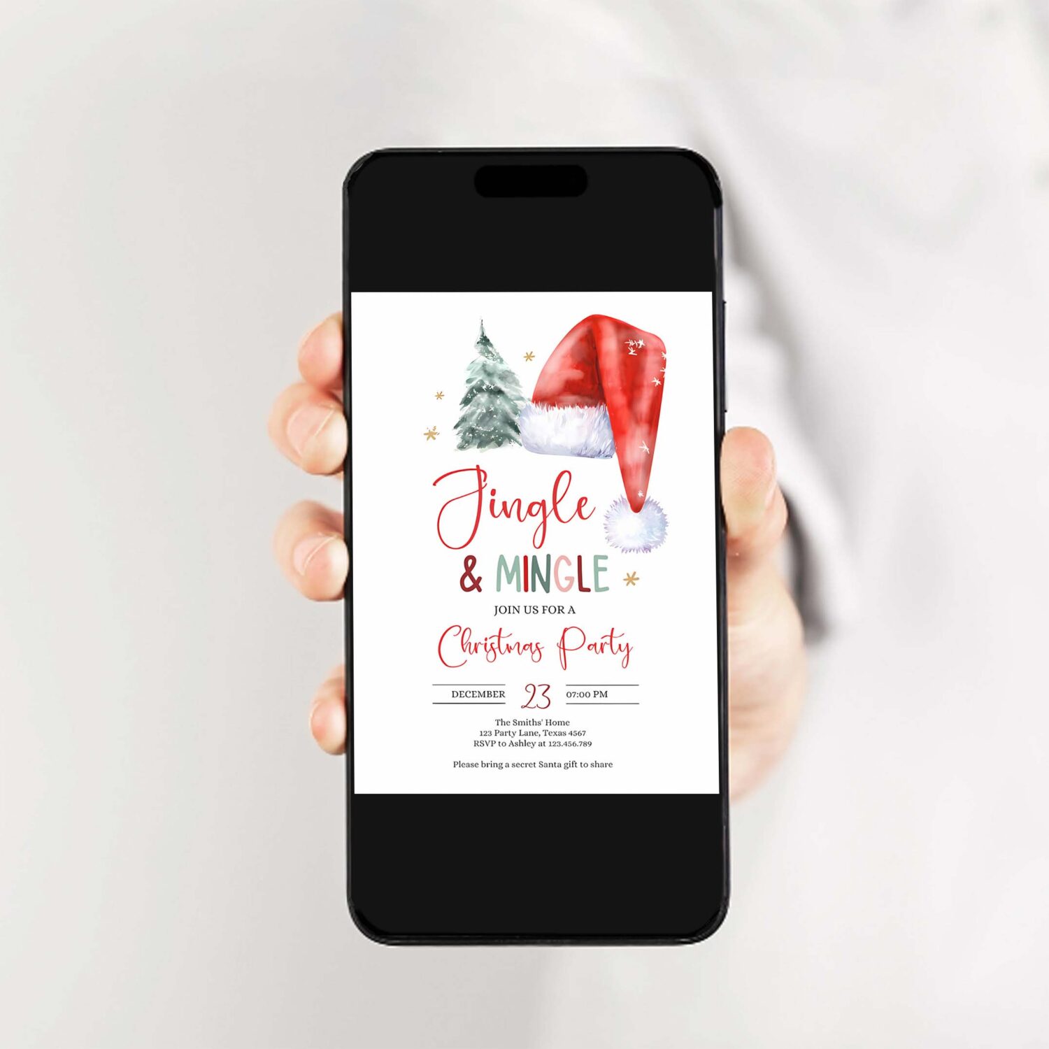 Editable jingle mingle christmas party invitation tree holiday party invite santa hat invite corjl template download printable 0444 2