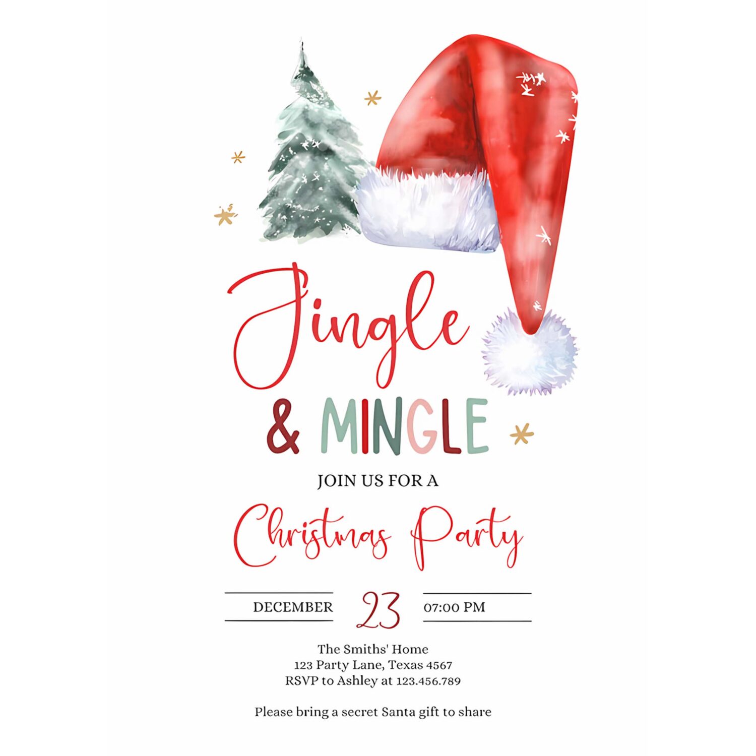 Editable jingle mingle christmas party invitation tree holiday party invite santa hat invite corjl template download printable 0444 4