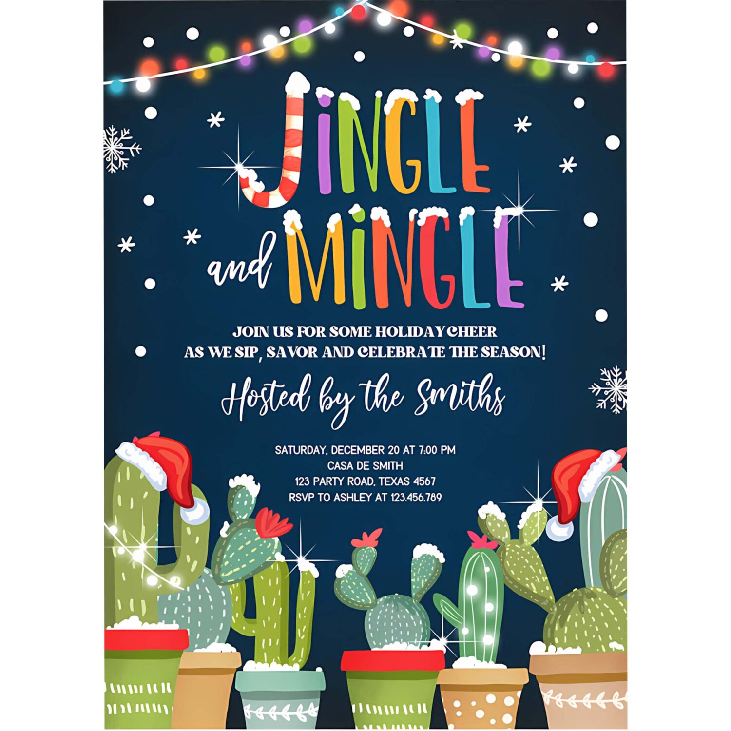Editable jingle mingle invitation christmas fiesta cocktail party cactus mexican holiday feliz navidad digital printable corjl template 0273 4