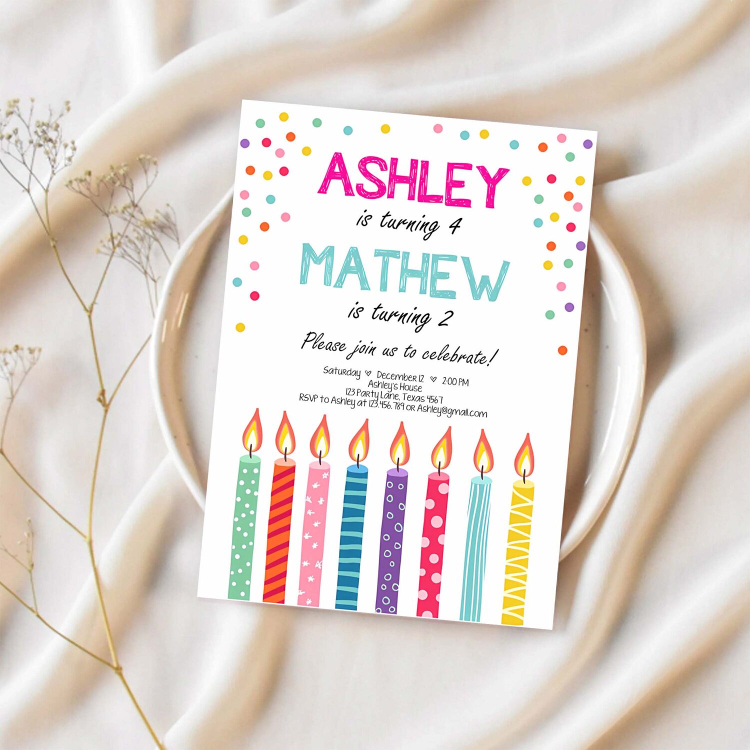 Editable joint twin birthday invitation twins confetti siblings birthday party boy girl download printable template digital corjl 0277 1