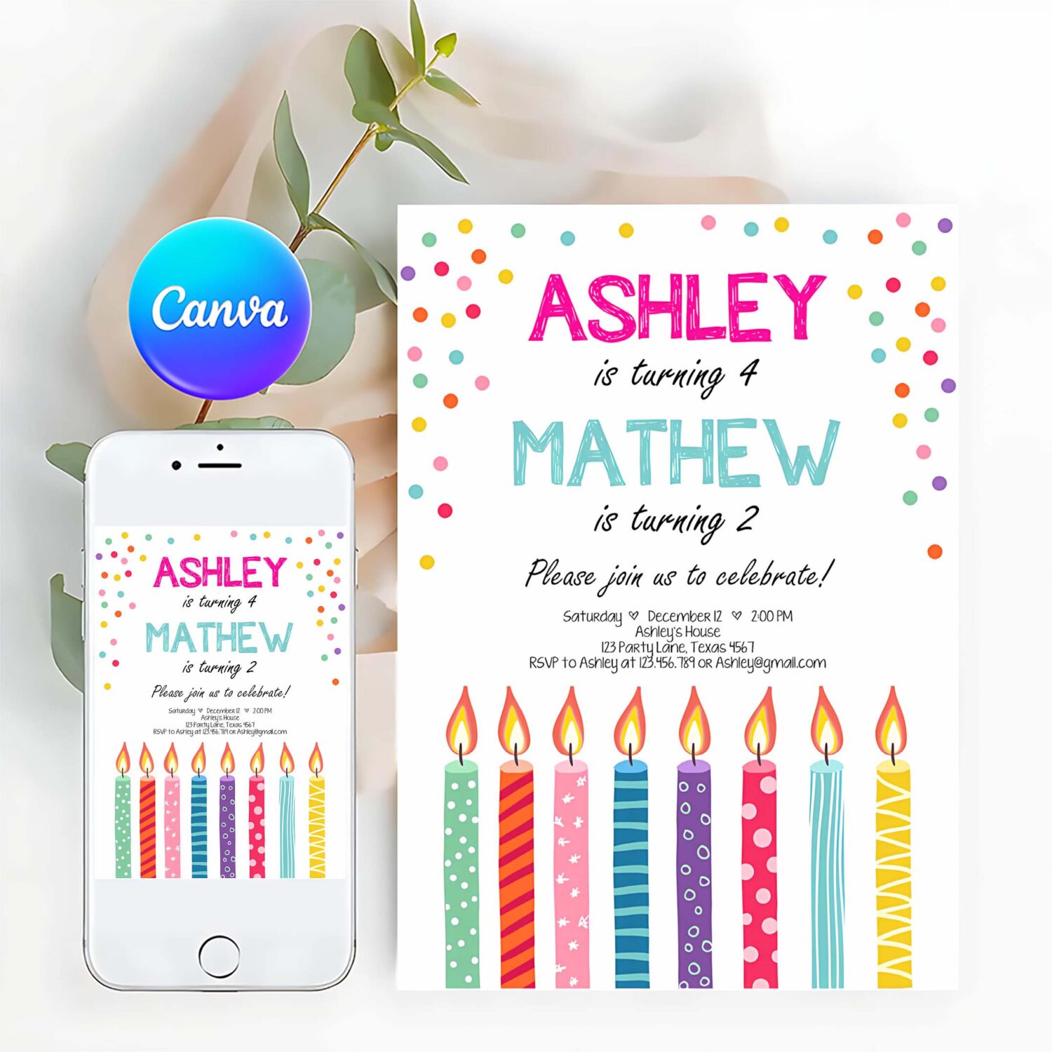 Editable joint twin birthday invitation twins confetti siblings birthday party boy girl download printable template digital corjl 0277
