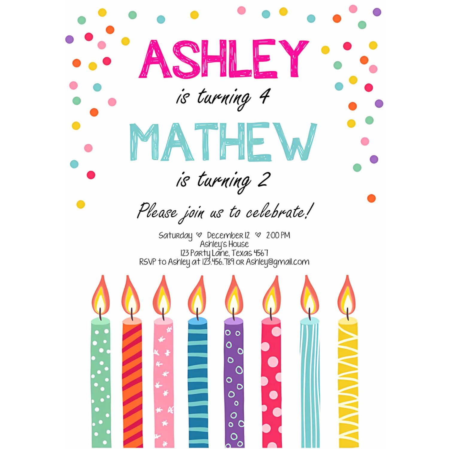 Editable joint twin birthday invitation twins confetti siblings birthday party boy girl download printable template digital corjl 0277 4