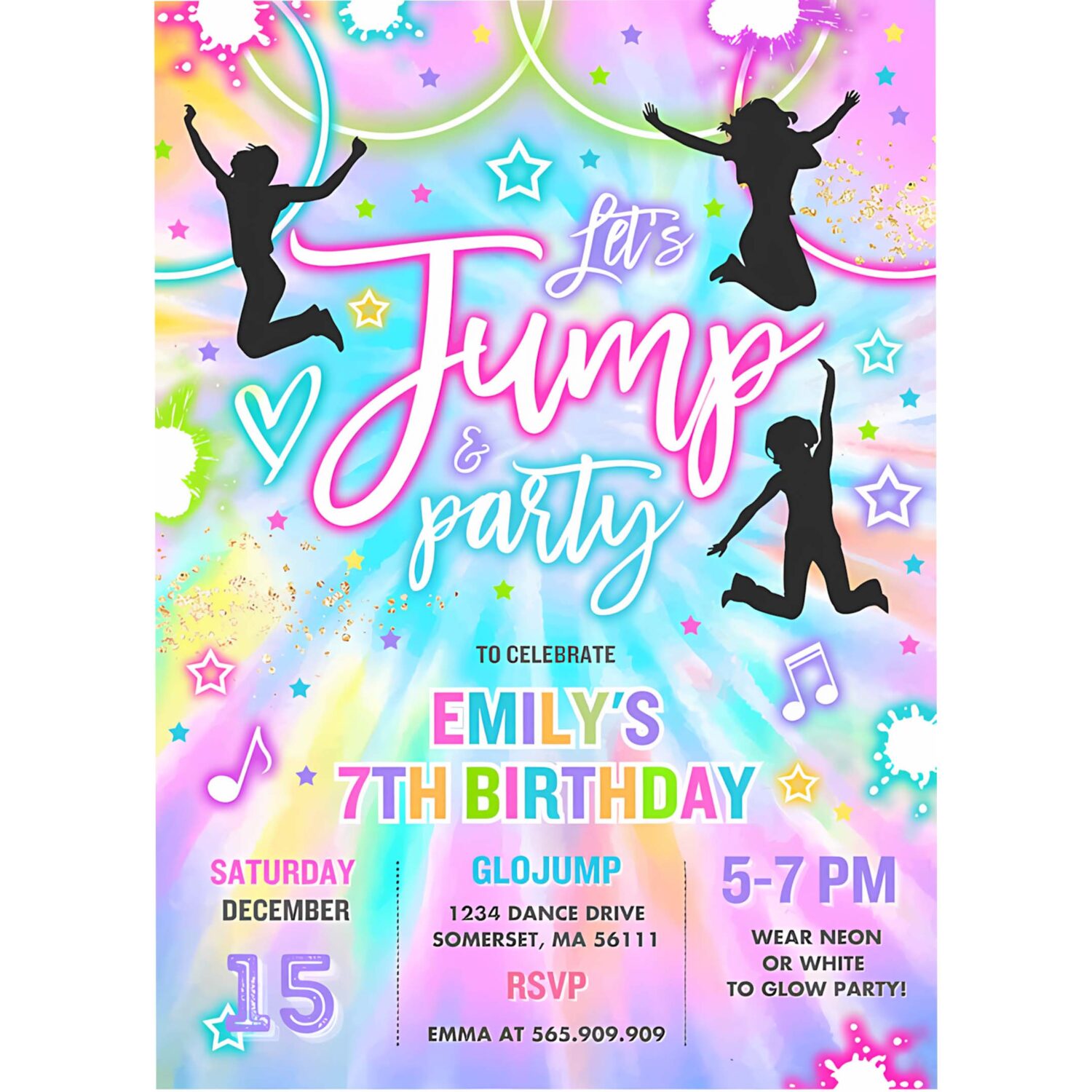 Editable jump birthday party invitation tie dye jump birthday party glow jump trampoline party lets jump party instant editable file tn 4