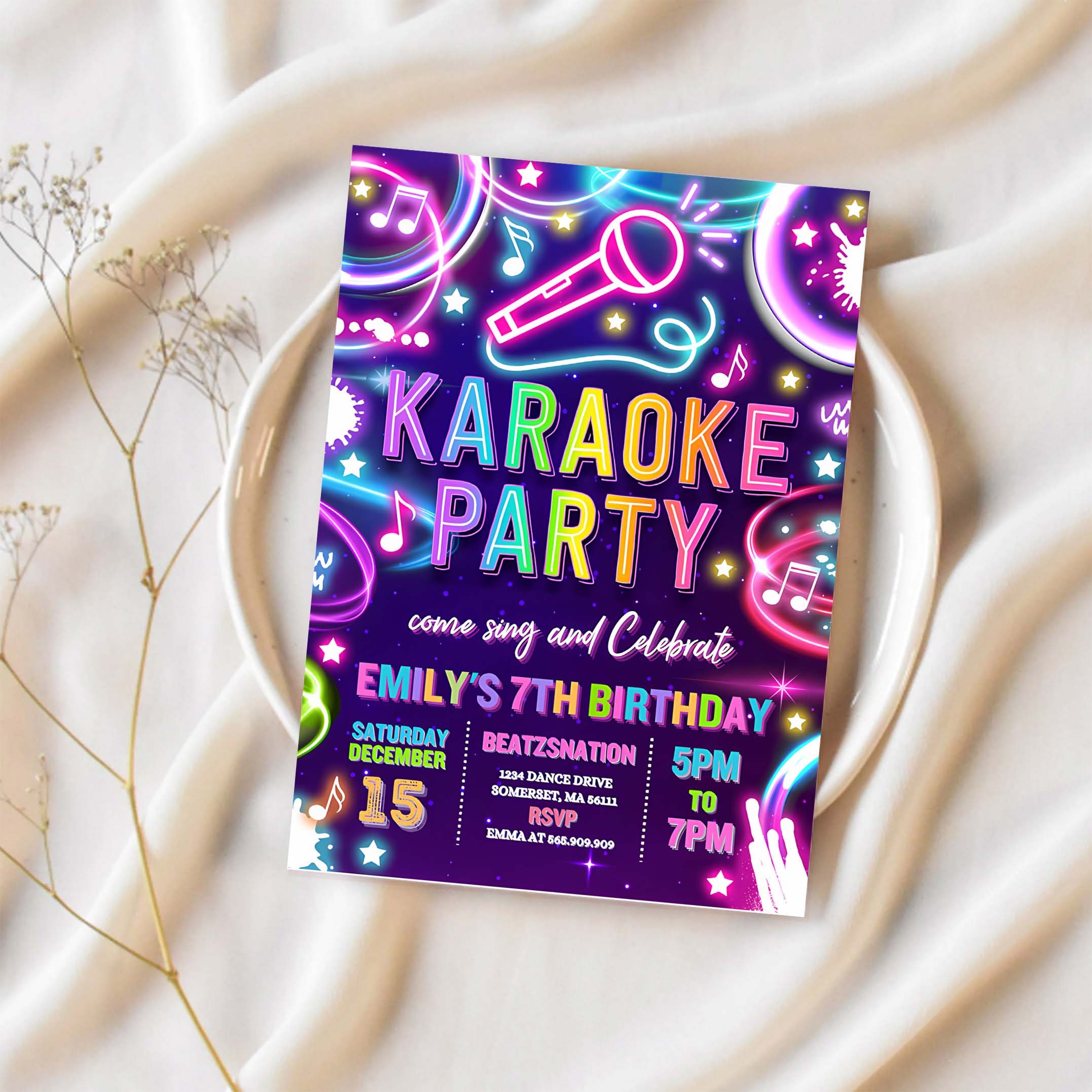 Editable Karaoke Birthday Party Invitation Neon Glow Karaoke Birthday Party Neon Singing Music Birthday Party Glow Party