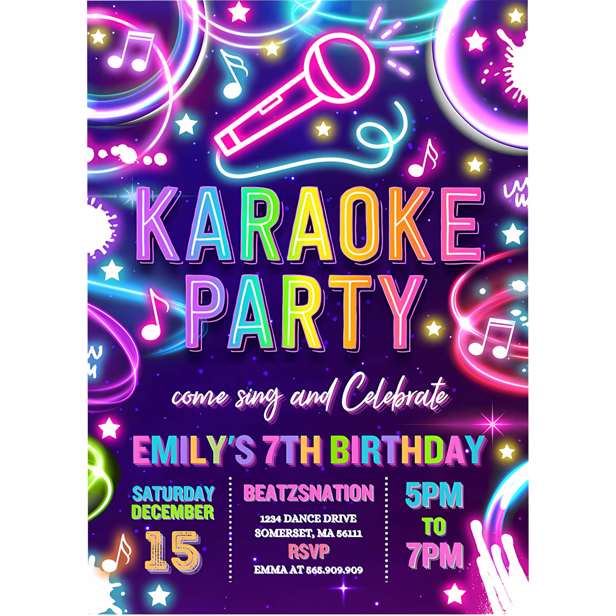 Editable Karaoke Birthday Party Invitation Neon Glow Karaoke Birthday Party Neon Singing Music Birthday Party Glow Party
