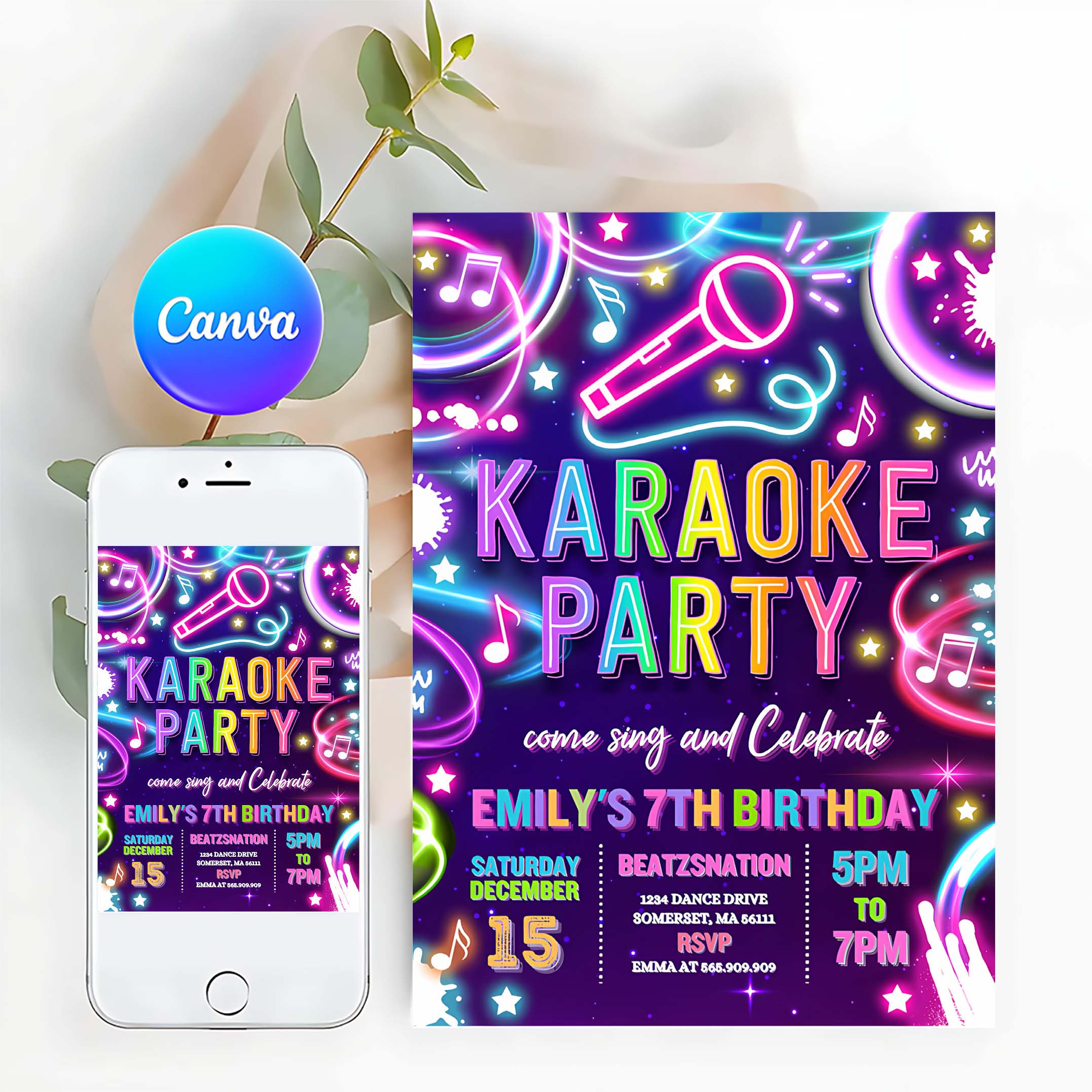 Editable Karaoke Birthday Party Invitation Neon Glow Karaoke Birthday Party Neon Singing Music Birthday Party Glow Party