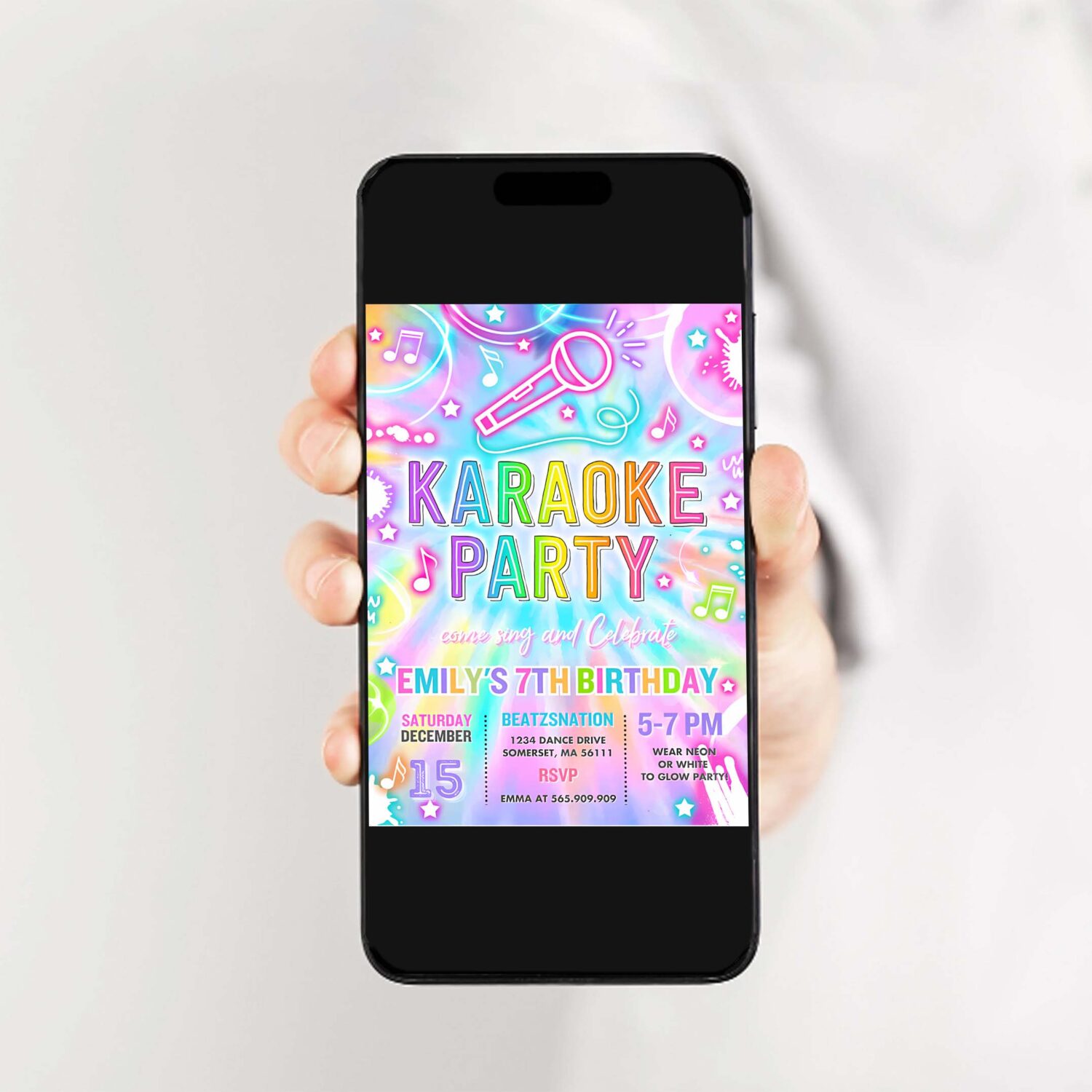 Editable karaoke birthday party invitation tie dye karaoke birthday neon glow tie dye karaoke party music singing party 2