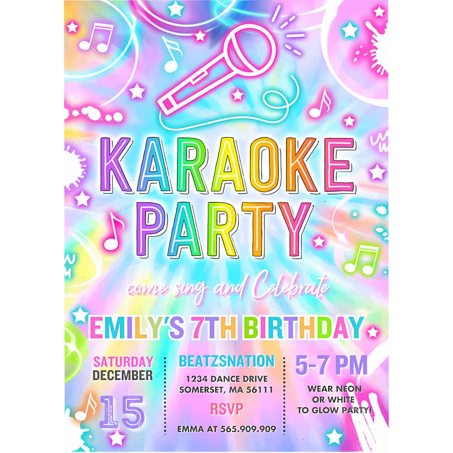 Editable karaoke birthday party invitation tie dye karaoke birthday neon glow tie dye karaoke party music singing party 4