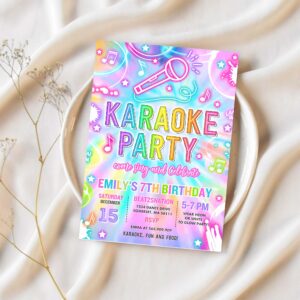 Editable karaoke birthday party invitation tie dye karaoke birthday neon glow tie dye karaoke party music singing party instant download u87 1